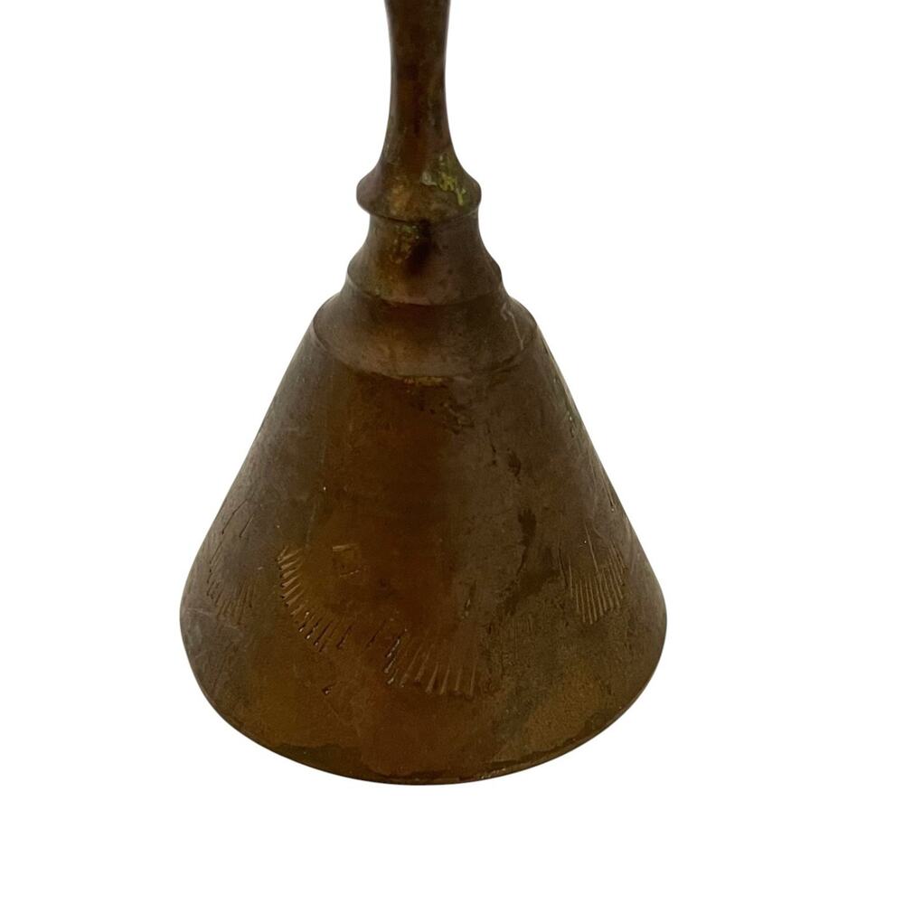 Vintage Etched Brass Hand Bell Ornate Design Small Dark Patina - Picture 4 of 8